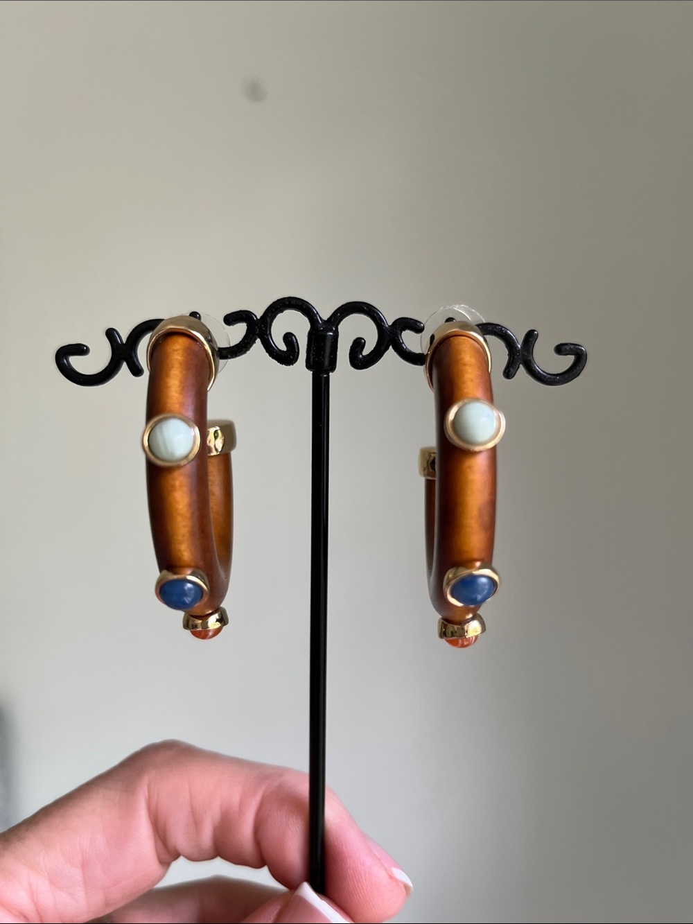 Gold-Tone Brown Wooden Hoop Earrings with Blue Orange and Green Stone Accents